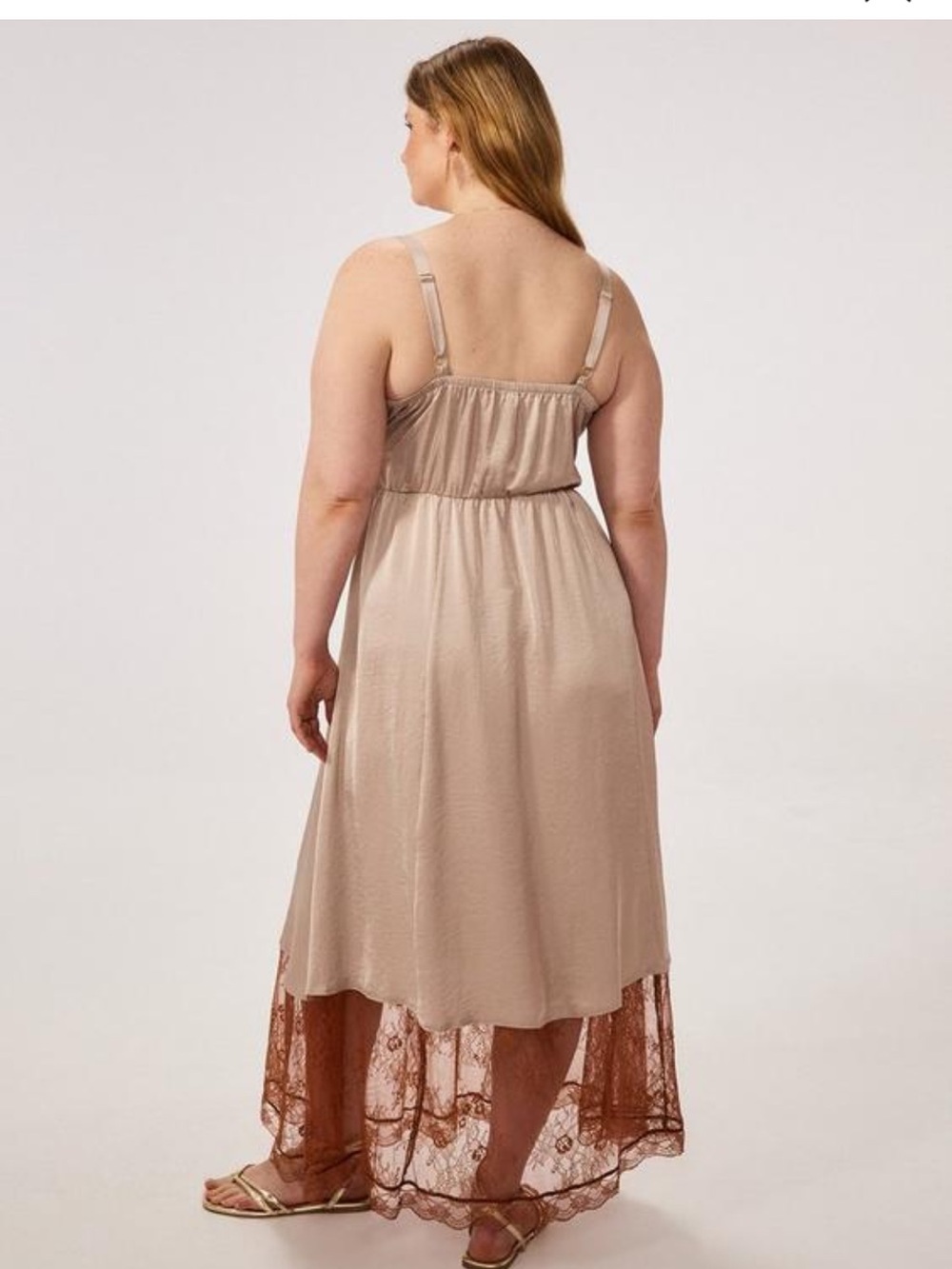 torrid Beige Satin Maxi Dress with Brown Lace Trim - Picture 2 of 3
